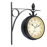 Samger Vintage Bahnhofsuhr Doppelseitig Wanduhr, Wasserfest Outdoor Garten Uhr, Bahnhof mit Halterung, Retro, 29cm, Batteriebetrieben, Groß Uhr für Drinnen und Draußen, Schwarz