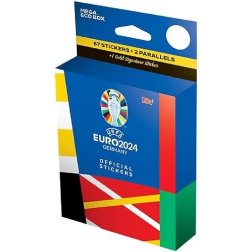 Topps Official EURO 2024 Sticker Collection - Mega Eco Box - enthält 87 EURO 2024 Sticker, 2 Parallelsticker und 1 Gold Signature Series Sticker.