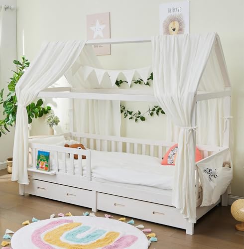 ALAVYA HOME® 3-tlg Hausbett Deko Set mit 2 Stück Betthimmel I 1 Stück Wimpelkette 300cm cm lang für Kinderbett Kinderzimmer I 100% Bio-Musselin Baumwolle I GOTS-Zertifiziert I 125 x 350 cm I Weiß