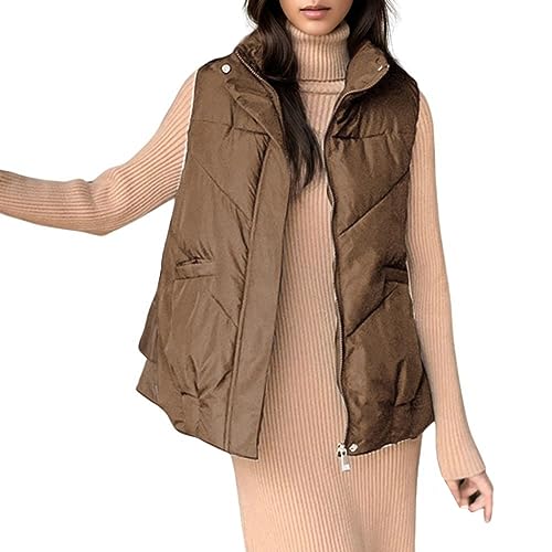 QWUVEDS Damen Steppweste Baumwolle, modische Winterjacke, ärmellos, Stehkragen, Oberbekleidung Winterjacke Damen Steppweste Damen Leicht Sport Lange Steppweste Damen Ärmellos (Coffee, M)