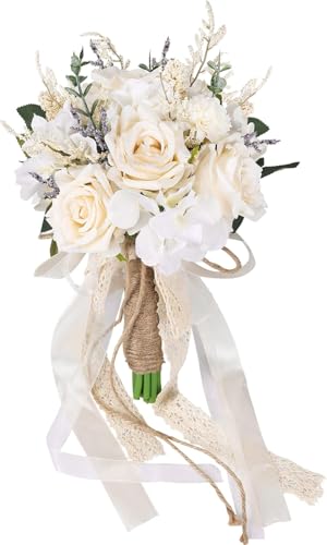 Sousi Hochzeitssträuße für Braut und Brautjungfern, Weiße Kunstrosen Blumen Hochzeitsdekoration (Weiß-Champagner)