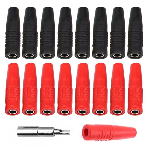 BEELUKY 16 Stück Weibliche Bananenstecker 4mm Bananenbuchse Kupfer-isolierte Isoliert Buchse Extender für Blanker Bananenstecker Lautsprecher Verstärkeranschluss Buchse (Schwarz/Rot)