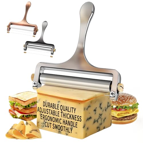 TOPULORS Edelstahl-Käseschneider mit Draht – Handlicher käsehobel für Mozzarella, Cheddar, Gruyère – inkl. 1 Ersatzdraht – verstellbare Schnittdicke für Käseblöcke (Silber)