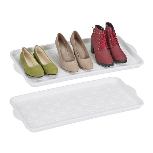 Relaxdays Schuhabtropfschale 2er Set, Kunststoff, Schuhablage 3 Paar Schuhe, Schuhabsteller, HBT 3,5 x 74 x 36 cm, weiß