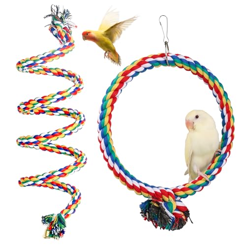 WIYETY 2 Stück Vogel Kletterseil: 150cm Papagei Bunte Spirale Baumwollseil, Durchmesser 18cm Papagei Spielzeug Kreis Ring Schaukel, Kletterseil für Wellensittiche, Nymphensittiche und Alle Vögel