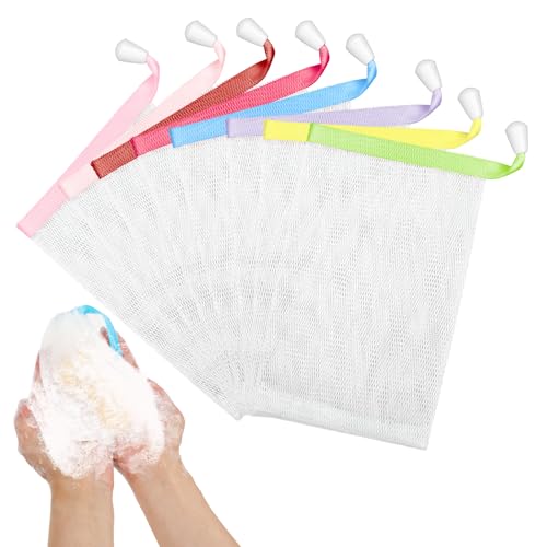 Piriuuo 8 Stück Seifenbeutel, Bunt Foamie Seifensäckchen für Feste Seife Seifenbeutel Seifensäckchen mit Kordelzug Schaumnetze Netzseifenbeutel Badenetz Körperpflege Tasche Peeling Netz Tasche