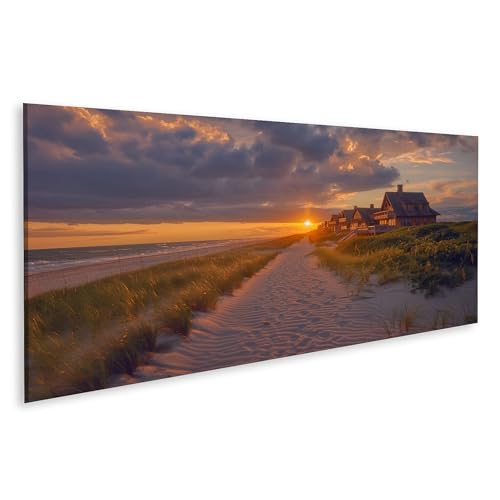 islandburner Bild auf Leinwand Sonnenuntergang am Strand mit Häusern für Wohnzimmer Strandliebhaber Ferienwohnungsvermietung Bilder Wandbilder Poster