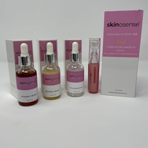 Skinosense Hydra Derma Roller 2.0, 3er Set mit 30ml Hyaluron Booster, 30ml Retinol Booster, 30ml VitaminC Booster