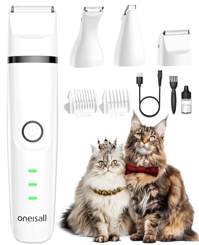 oneisall Leise Schermaschine Katze Hunde Set, 3 in 1 Hundeschermaschine Katzenrasierer Profi Haarschneidemaschine für Pfoten, Hintern, verknotet, Dingleberry