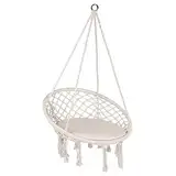 Ribelli Hängesessel mit Kissen und Halteseilen, Ø62 cm Hängestuhl zum Aufhängen für Erwachsene & Kinder bis 110 kg Belastbar, Indoor & Outdoor Hängeschaukel mit Gestell, Beige 500491