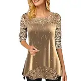 Glitzer Oberteile Damen Pailletten Bluse Elegant Festlich Langarmshirt Rundhals Asymmetrisch Langarm Locker Lässig Pullover T-Shirt Tunika Top Party Oberteil Blusen & Tuniken für Damen