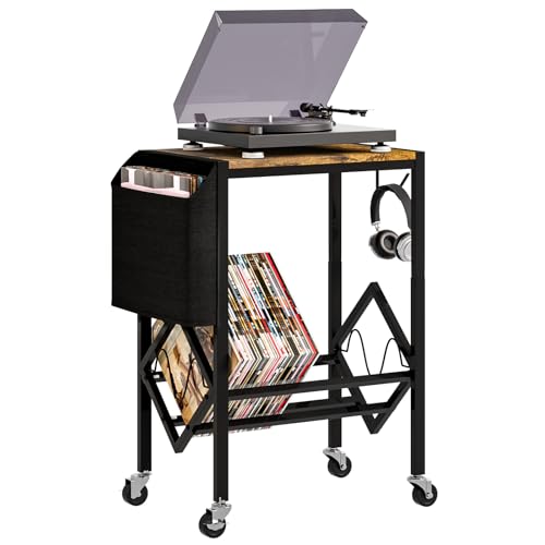 Yorbay Vinyl Schallplatten Aufbewahrung Ständer, Schallplattenständer mit Organisierendem Stoffbeutel und Haken, Metall Plattenspieler Regal bis zu 200 Alben für Wohnzimmer, Schlafzimmer (Schwarz)