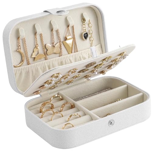 CNMTCCO Schmuckkästchen Kleine Reise Schmuck Organizer Aufbewahrungsbox für Halsketten, Ringe, Armbänder, Ohrringe, Premium Kunstleder, Schmuck, Geschenkbox, Mädchen und Frauen (Weiß)