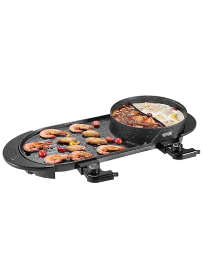 VEVOR Hot Pot mit Grill, 2200 W 2 in 1 elektrischer rauchfreier Grill und Hot Pot, koreanischer BBQ Shabu Feuertopf mit separater doppelter Temperaturregelung & antihaftbeschichteter Pfannen