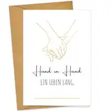 JOYEASE Premium Hochzeitskarte mit Umschlag aus Kraftpapier - Hand in Hand - Karte Hochzeit mit goldener Heißfolienprägung - Glückwunschkarte zur Hochzeit Wedding
