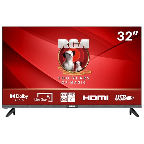RCA E32 TV 32 Zoll Fernseher 81cm HD Lünettenloses Design Dolby Audio Triple Tuner (DVB-T2/S2/C) AV CI+ HDMI USB-Anschlüsse Hotelmodus [Energieklasse F]