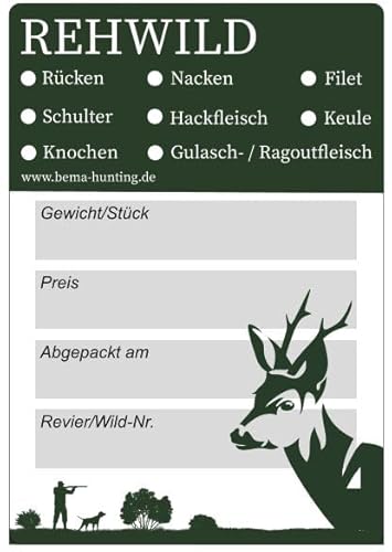Bema Jagdaufkleber für Rehwild | 100 Stück | 100,00m x 70,00mm | Grüne, rechteckige, unbeschichtete Plastiketiketten | Tiefkühlbeständig | Beschriftbar mit Folienstift oder Kugelschreiber