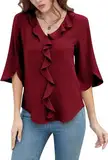 NAIOSS Damen Bluse Elegant 3/4 Ärmel Oberteile Sommer Shirts V-Ausschnitt Lotusblatt Rand Blusen Tunika Tops(weinrot/M)