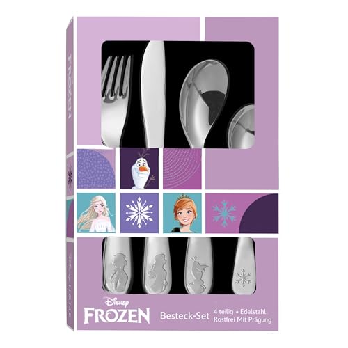 p:os 35805 - Frozen die Eiskönigin Besteckset für Mädchen, 4-teiliges Kinder-Besteckset aus Edelstahl, mit Messer, Gabel, Suppenlöffel und Dessertlöffel