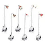 Weihnachtslöffel, 6-teiliges Weihnachts kaffee Löffel, mit Weihnachtsanhänger, Weihnachten Edelstahl Dessert Teelöffel,Dessertlöffel,mit Geschenkverpackung,für Teesuppe (Silber)