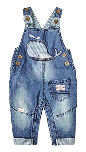 KIDSCOOL SPACE Baby Mädchen Einfach Windelwechsel Snap Beine Wal Bestickte Denim Overalls,Blau,6-9 Monate