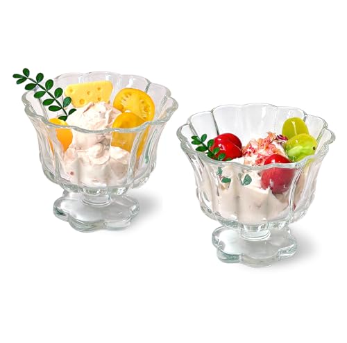 TUCHACA Eis Schüsseln Trinkglas Tassen Set von 2 (Durchsichtig), Blumen Blütenblatt Stil Gläser, 250ml, geeignet für Eis, Cocktails, Dessert usw.