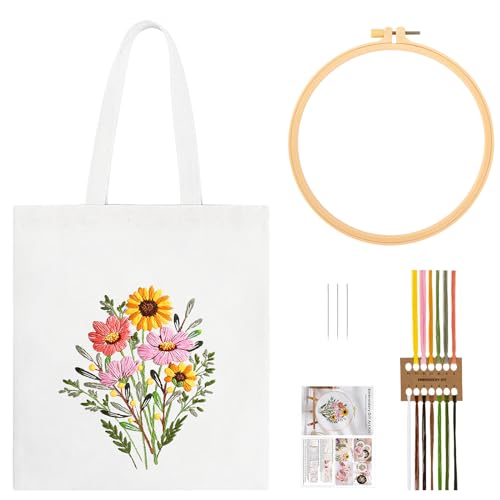 JSRQT Canvas-Taschen-Stickset für Anfänger Erwachsene, Komplettes Stick Starter Set mit Blumenmuster, DIY Kunst Nähhandwerk, Kreuzstich Set Embroidery Tote Bag inklusive Anleitung, Nadeln, Fäden, Weiß