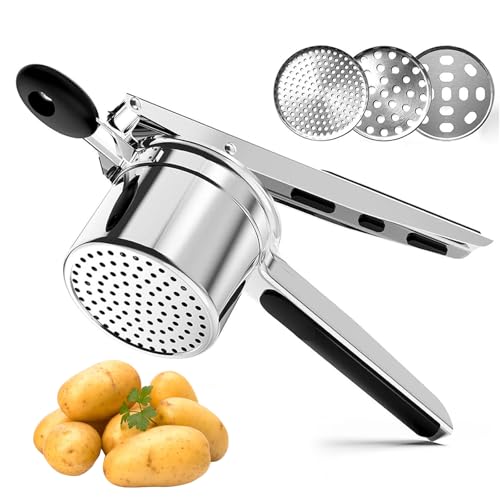 TTSTOIEEkartoffelpresse edelstahl, Spaghettieispresse inkl. 3 Scheiben und rutschfesten Silikongriffen, Kartoffelstampfer für Kartoffelpüree/Limonade