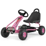 DREAMADE Gokart mit Handbremse & verstellbarem Sitz, Tretauto Tretfahrzeug mit geschlossenem Kettenkasten & Vor- und Rückwärtsgang, Pedal Go Cart für Kinder 3-6 Jahren, bis 30 kg belastbar (Rosa)