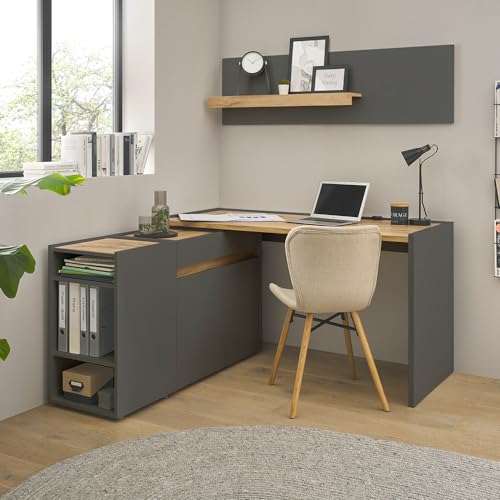 Büromöbel Set anthrazit mit Eiche 4-teilig modern, 1 Schreibtisch, 1 Kommode, 1 Regal, 1 Wandboard