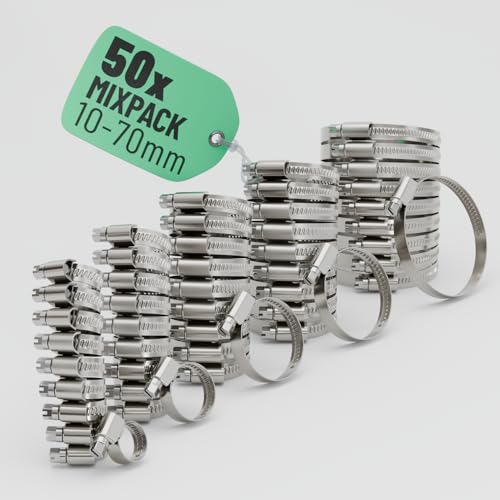greate 50er Schlauchschellen Set - Einstellbare Schlauchschellen Edelstahl mit je 10x 8-16 mm / 16-25 mm / 25-40 mm / 32-50 mm / 50-70 mm - Schlauchschelle mit 9 mm Bandbreite - Edelstahl Schellen