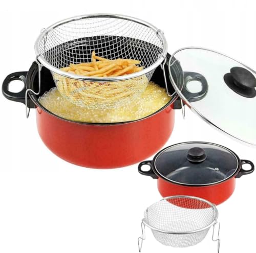 FRYER TOPF FISCH POMMES FRITES HUHN KRAPFEN SIEB FRITEUSE + KORB, Frittiertopf aus mit Glasdeckel Induktion Korb Fritteuse Friteuse Frites Frittierpfanne Fritöse EDELSTAHL Pommestopf Fritteuse