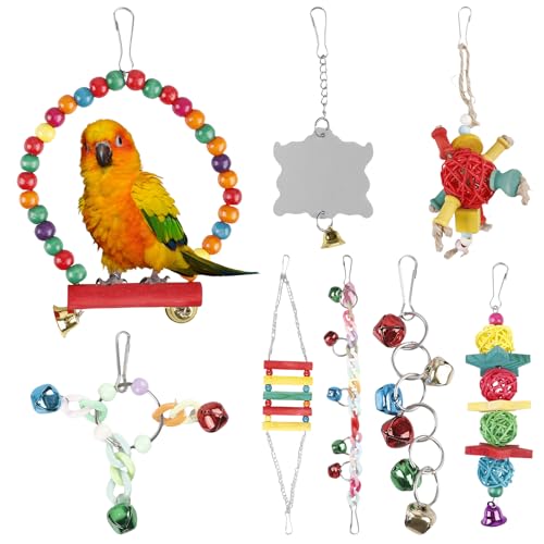 8 Stück Vogelspielzeug Set, Vogelkäfig Spielzeug, Vogel Spielzeug, Bunte Glocke Holzleiter Vogelschaukel Sitzplatz Kauspielzeug für kleine Wellensittiche Papageien Sittiche Nymphensittich