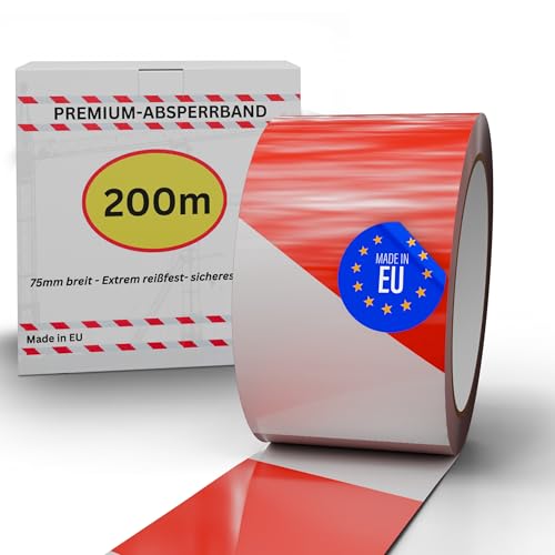 THOMCE Stabiles Absperrband Set 200m x 75mm inkl. praktischer Abrollbox & Abschneider Robustes Flatterband Rot-Weiß für Abgrenzung im Sicherheitsbereich, Signalband hergestellt in der EU