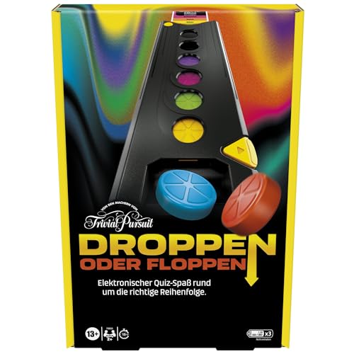 Droppen oder Floppen, elektronisches Partyspiel von den Machern von Trivial Pursuit - Deutsche Version, schneller Spielverlauf für viel Action, kleines Wichtelgeschenk für Kinder