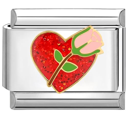 Quiges - 9mm Italian Style Charm Modul Edelstahl mit rot Herz und Rose für Italienische Armbänder