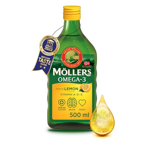 Möller's Omega 3 Lebertran Öl | Nordic Omega 3 Nahrungsergänzung mit EPA, DHA, Vitamin A, D, E | Superior Taste Award | Hochreiner natürlicher | 165 Jahre alte Marke | Zitrone | 500 ML