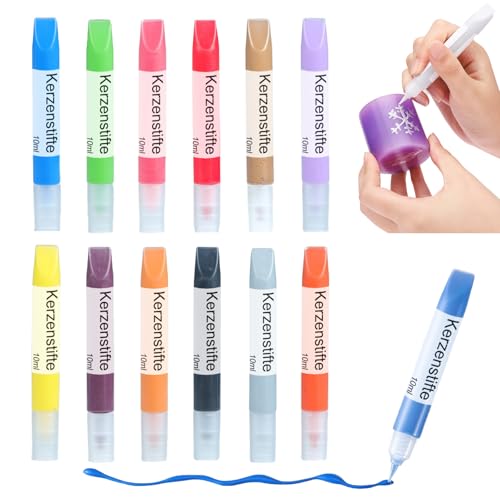 Ovaletta 12 Stück Kerzenstifte, Kerzen Bemalen Set, Wachsstifte für Kerzen, Candle Pen für Kerzen, Kerzenfarbe, Dekorieren und Personalisieren von Kerzen, Keramik Bemalen Set, je 10 ml