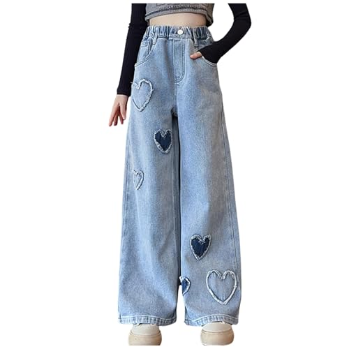 Generisch Jeans Mädchen Jeans mit hoher Taille weitem Bein für Mädchen Kinder Denim zerrissen niedlicher Stern Cargohose Baggy lässig Frühling Used-Look Retrohose süße zerrissene Jeans