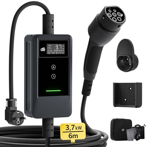 dé Ladekabel Elektroauto Typ 2 Schuko 3,7kW [6m, 6-16A] EV Charger Mit Kabelhalter und digitalem LCD - EV Ladegerät für e Auto Model 3/Y, ID.3/4/5, MG4, Q4, GLA, Zoe und Anderen PHEV/EV