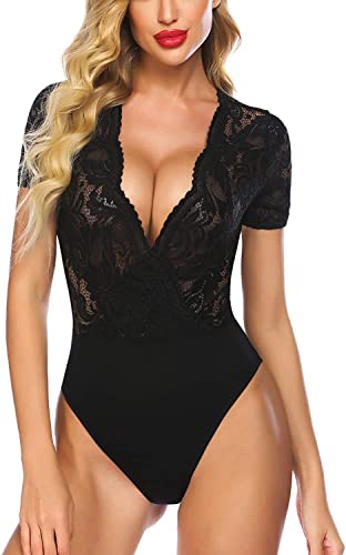 Avidlove Damen Lace Body Sexy Kurzarm Bodysuit Bluse V Ausschnitt Mesh Tops Elegante Oberteile Mit Snap Crotch，Schwarz L