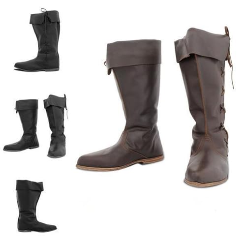 JIAYUTOO Herrenstiefel für Erwachsene, mittelalterliche Wikingerstiefel aus PU-Leder, mit seitlicher Schnürung, Renaissance-Stiefel für Festivals, Cosplay, Schwarz , Medium