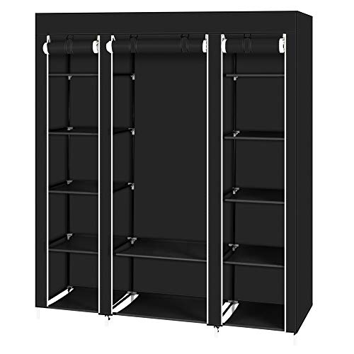 Bonnlo Kleiderschrank, 150 x 45 x 175 cm, Stoffschrank mit Kleiderstange und Ablagen Stabil, Stoffkleiderschrank für Schlafzimmer, viel Platz, Faltschrank, Schwarz