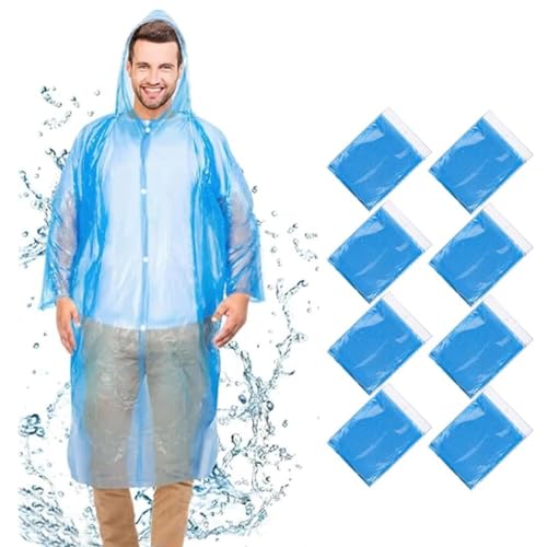 Durchsichtig Regenponcho, 8 Stück Wasserdicht Einweg Regenjacken, Regenponcho mit Kapuze Kordelzug Kapuze für Festivals Konzert Wandern Radfahren Camping(Blau)