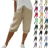 Generisch Meine Bestellungen Anzeigen Sommerhose Damen Leicht Kurze Hose Damen Sommer Leinen Mittellange Hose Mit Verstellbarem Kordelzug An Taille Und Taschen Rollsaum Lässige Outdoor-Hose