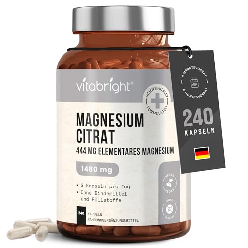 Magnesiumcitrat Kapseln 240, 1480mg Magnesium Komplex Pulver Hochdosiert (444mg Elementares Mg) Vegan, Ohne Zusatzstoffe, Magnesium Citrate Pulver Labor/Sport, Mg Citrat VitaBright