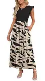 AUSELILY Damen Rüschen Kurzarm Loose Hohe Taille Maxi Kleider mit Taschen Rundhalsausschnitt Eleganter Abendkleider (Aprikosenschwarz Blätter,XL)