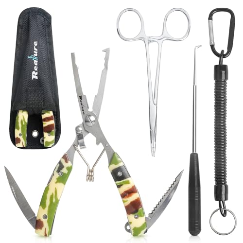 Realure 3 Stück Multifunktionale Angelzange Set mit Lanyard, Umfasst Aterien Zange, Hakenlöser Angeln, Linienschneider Angel Zange für Hakenlöser, Sprengring, Tragbare, Edelstahl (Camouflage)