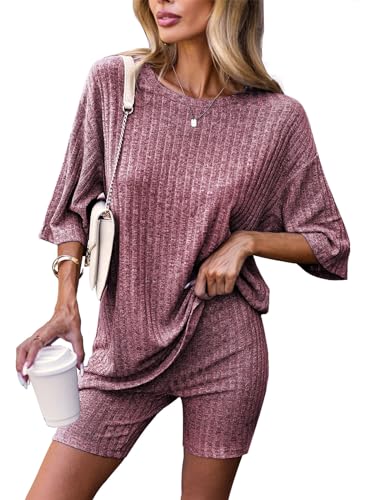 Zetieny Damen Tracksuit Kurzarm Rundhalsausschnitt Einfarbig Zweiteiler Hausanzug Loungewear Outfit Jogger Trainingsanzug Set