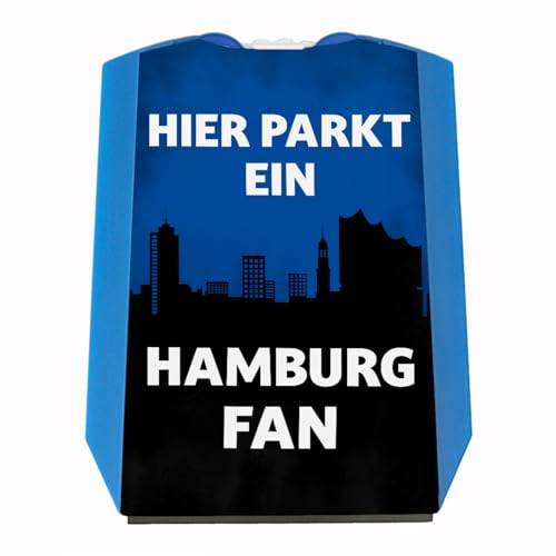 Hier parkt ein Hamburg Fan Parkscheibe in Vereinsfarben mit zwei Einkaufswagenchips als Geschenk für Fußballfans die ihren Verein über alles lieben und überall verfolgen